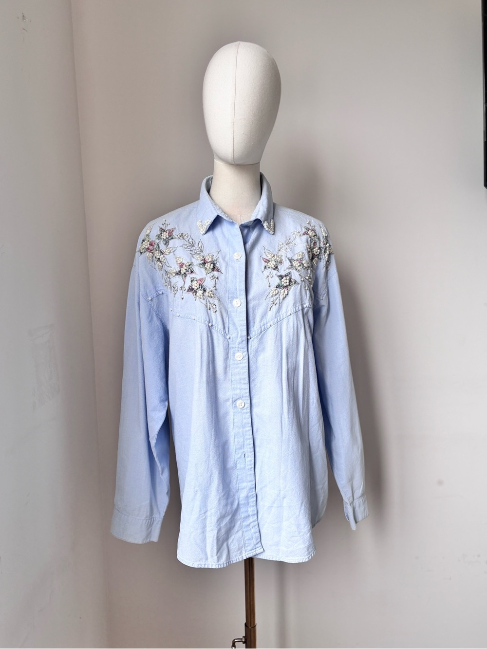 Jane Ashley Pale Blue Embroidered Western-Style Button-Up